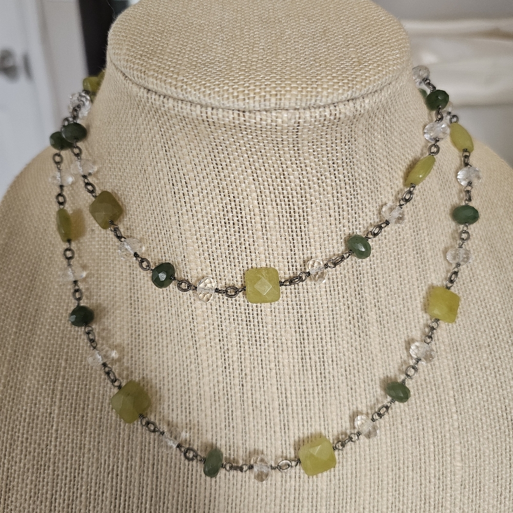 Silpada 925 Sterling Silver Green Jade Olive Crystal Long Necklace N1247 35"